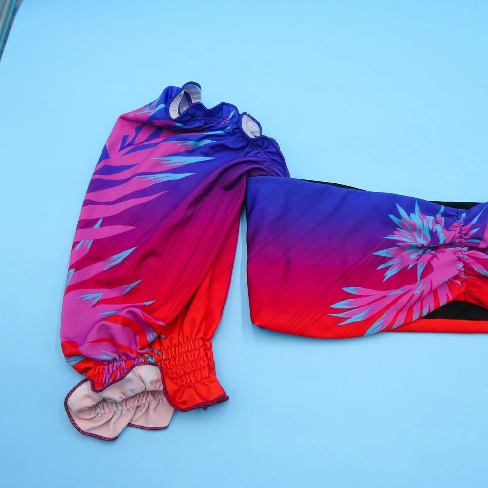 B Fyne XL Blue Red Floral Off The Shoulder‎ Ruffle Cropped Bikini Top Swimwear